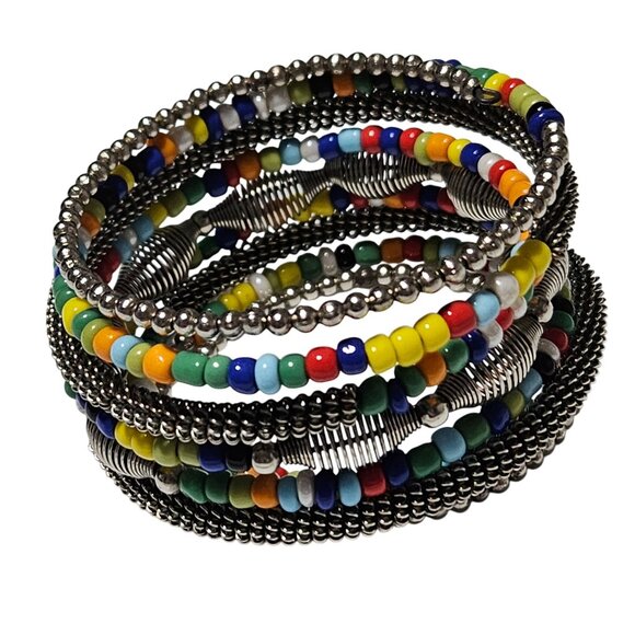 Boho Beaded Stacked Coil Stretch Bracelet Multicolor Beads Fashion Jewelry Women - Picture 1 of 4